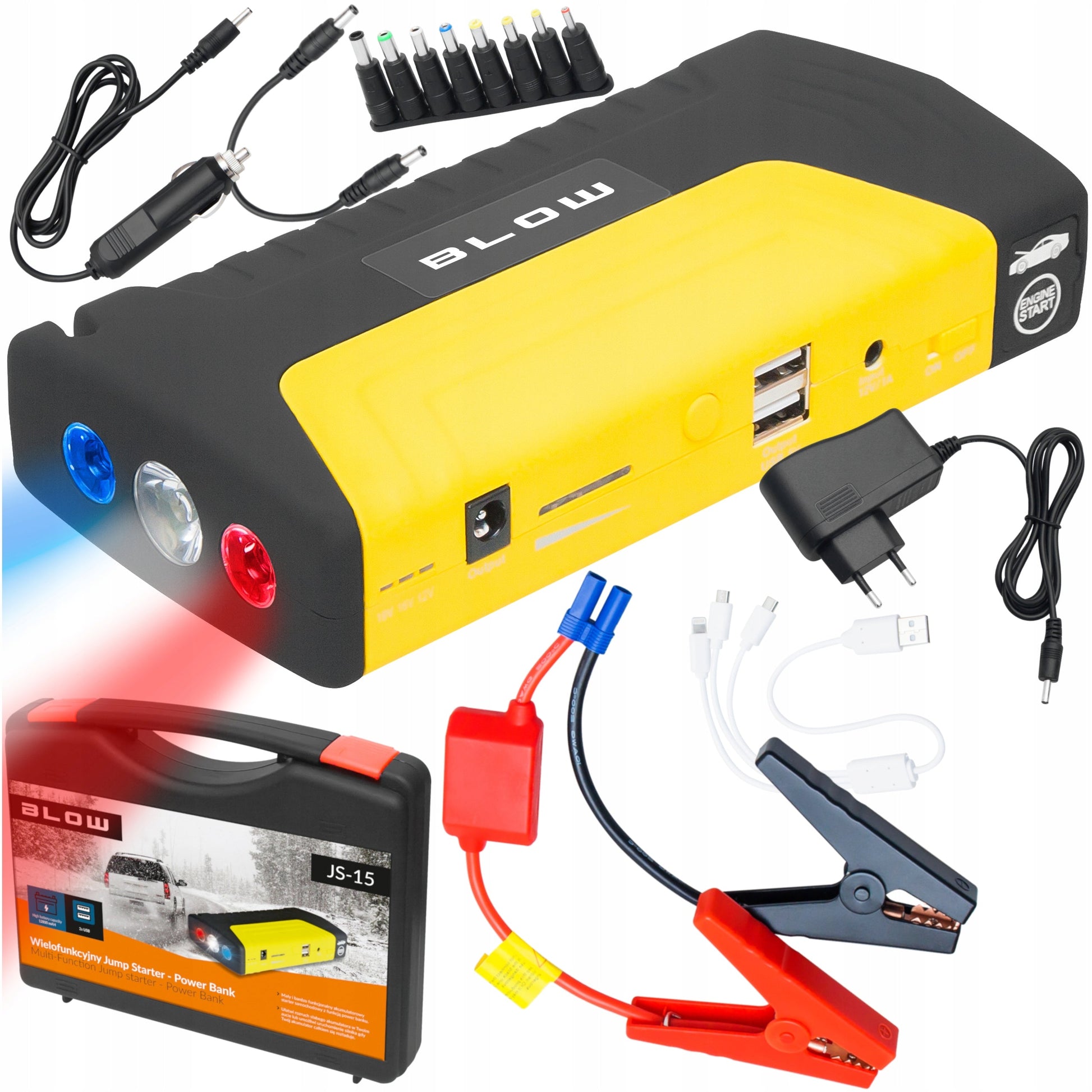 Akumuliatoriaus aleidimo įrenginys su kabeliais BLOW JS-15 12800mAh
