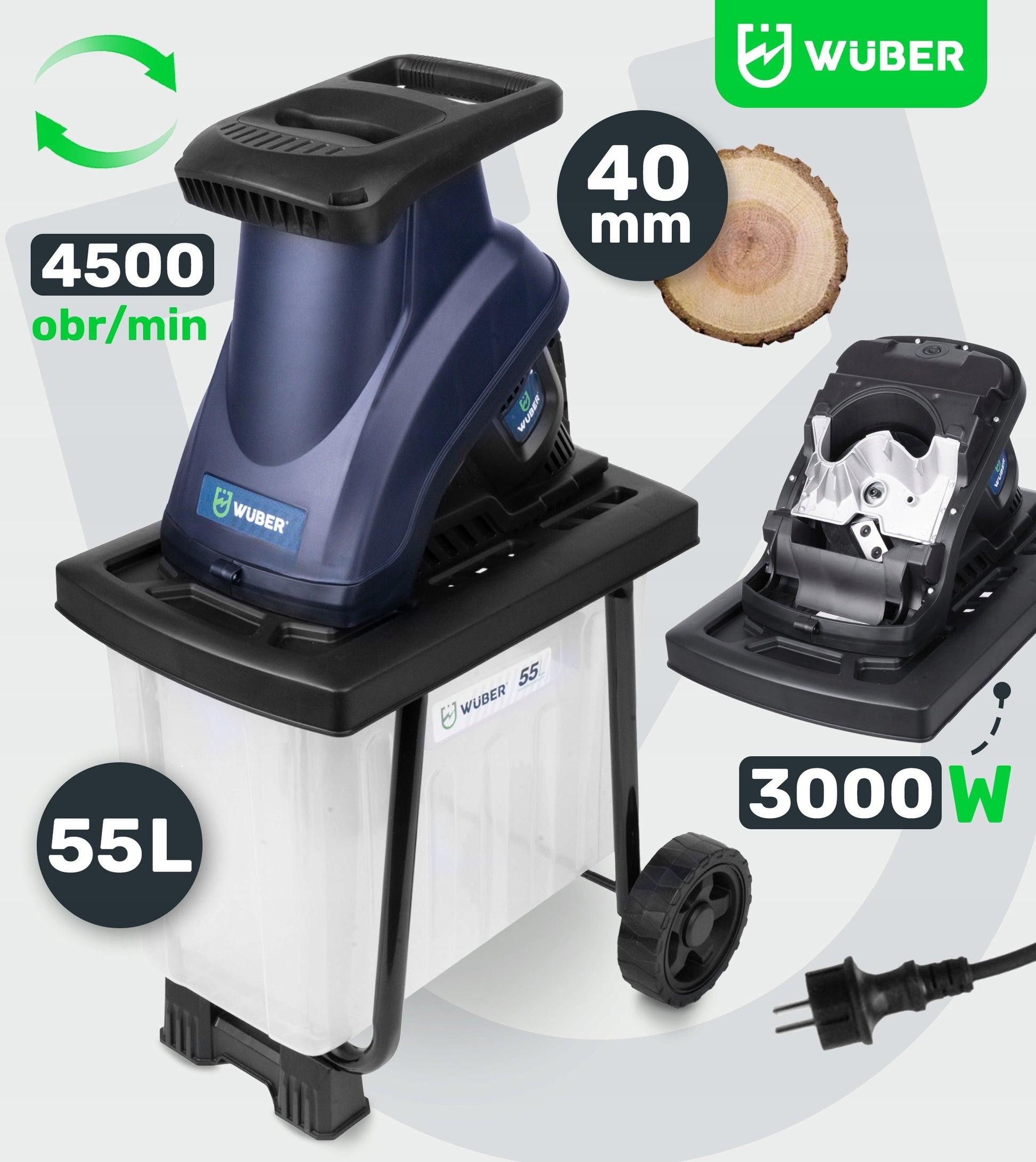 Elektrinis sodo šakų smulkintuvas Wuber 3000w su 55l talpa