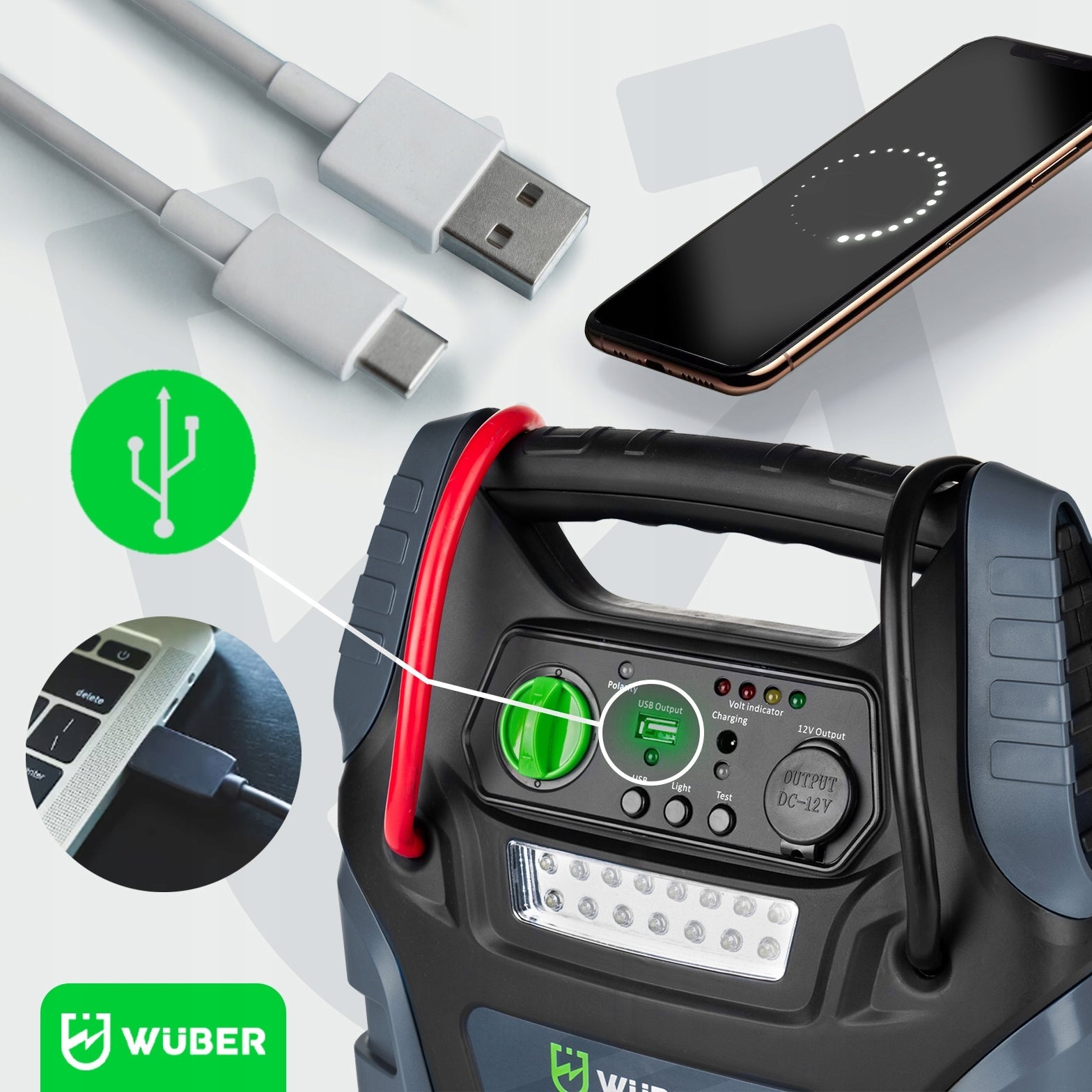 Starter, akumuliatoriaus įkroviklis, kompresorius, led apšvietimas, powerbank Wuber 5in1