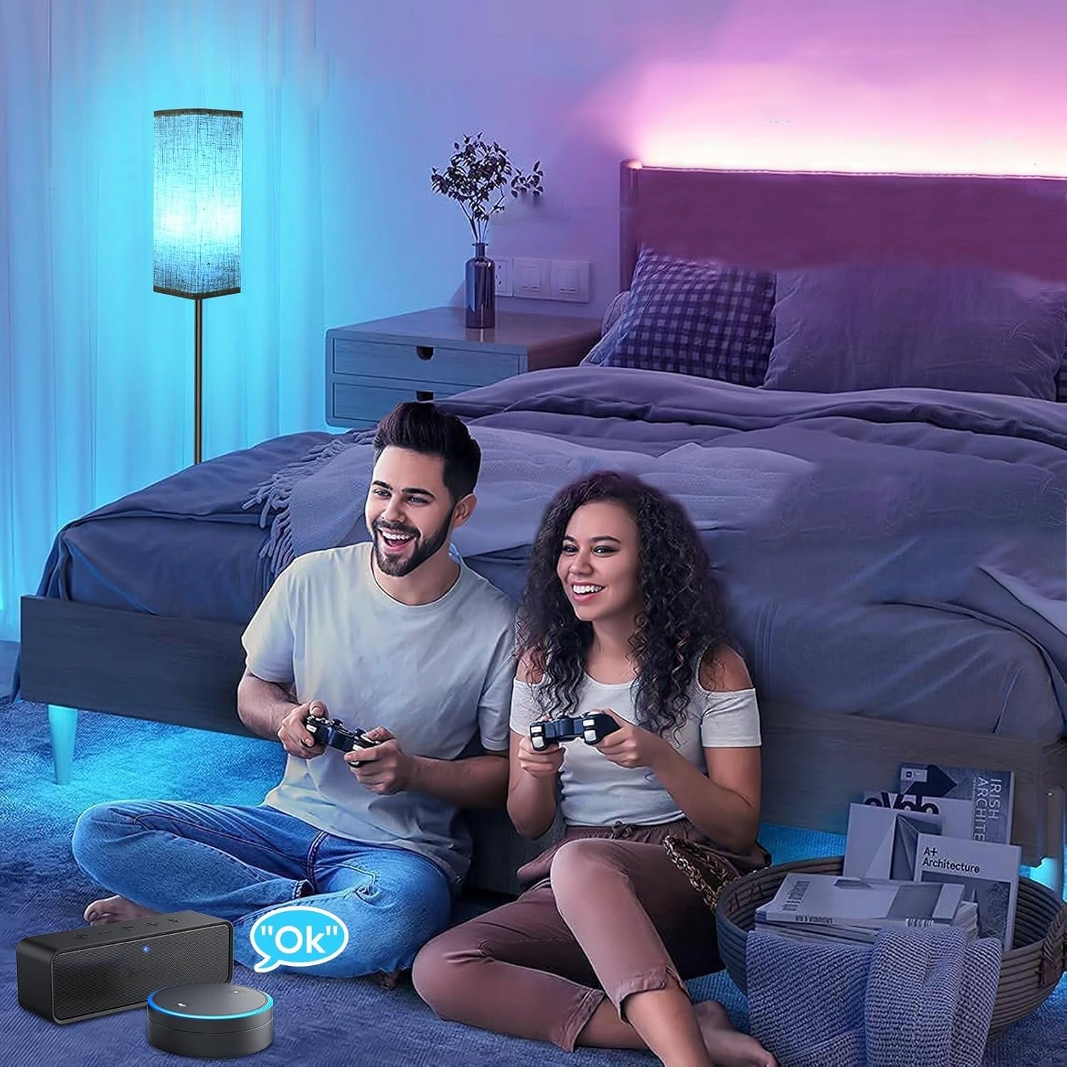 Grindinė Lempa su E27 RGB Lempute ir Audinio Gaubtu