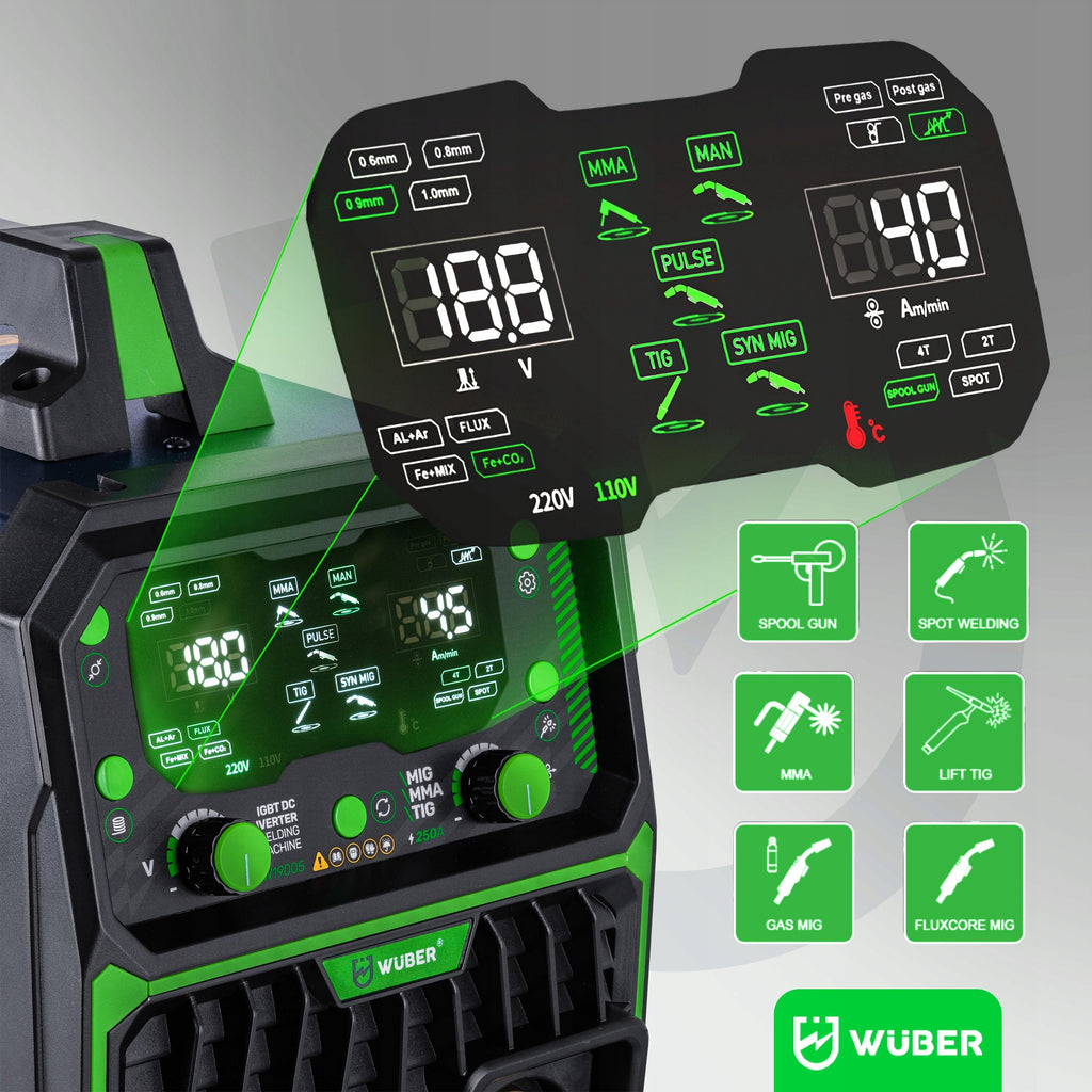 Inverterinis pusautomatis suvirinimo aparatas Wuber MIG FLUX / MMA / TIG / MIG-MAG / 250a