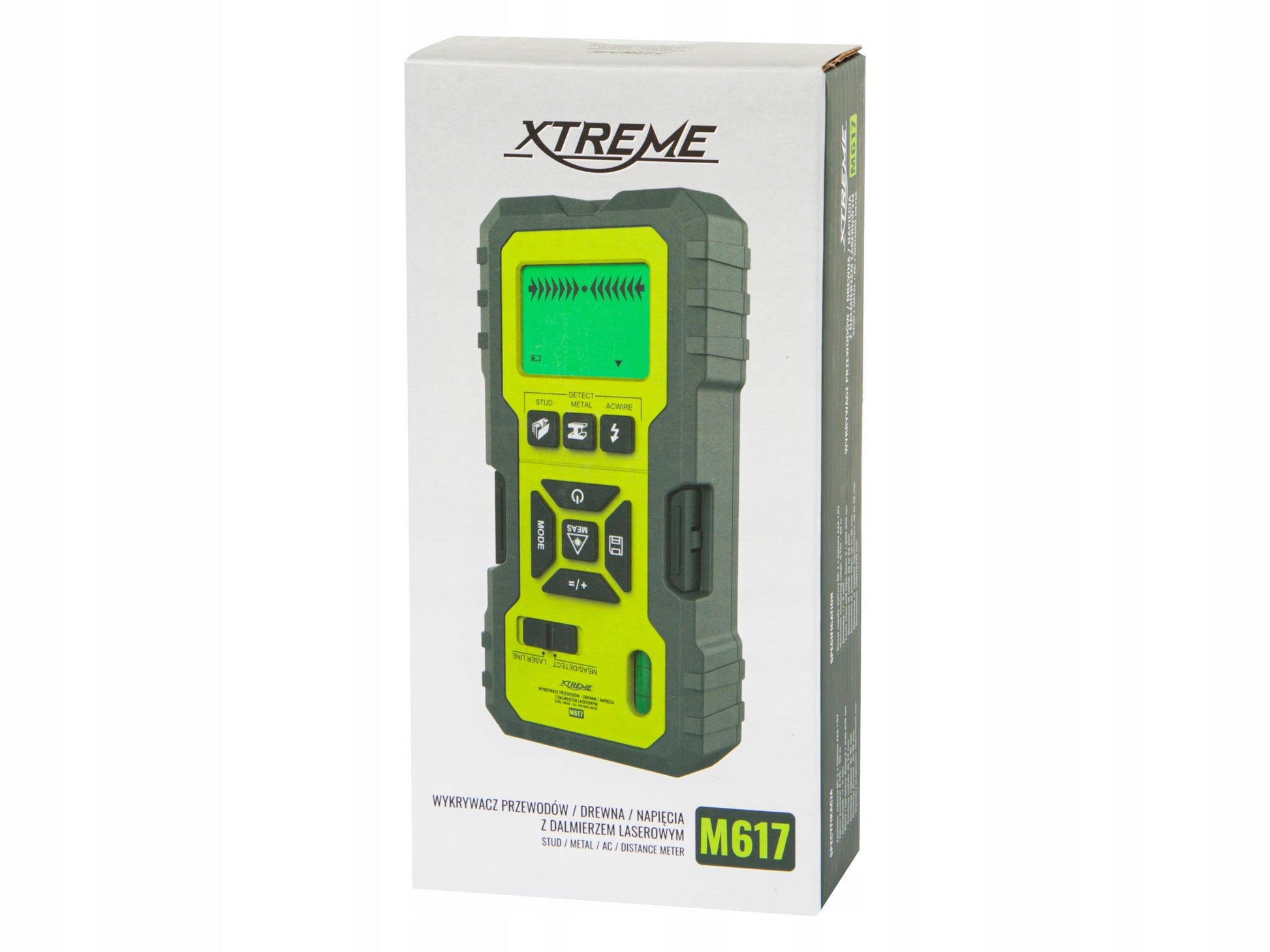 Detektorius 5in1 su medienos, metalo, įtampos laidų aptikimu ir lazeriniu atstumo matuokliu Xtreme M617