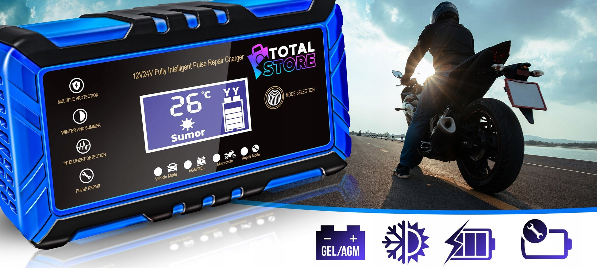 Automatinis stiprus automobilių akumuliatorių įkroviklis su atstatymo funkcija Totalstore PRO  12/24V