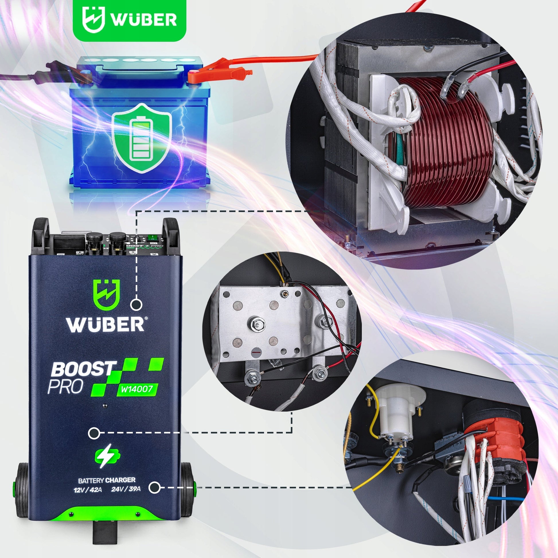 Universalus 12v/24v akumuliatoriaus įkroviklis su starteriu (400a) Wuber 42a