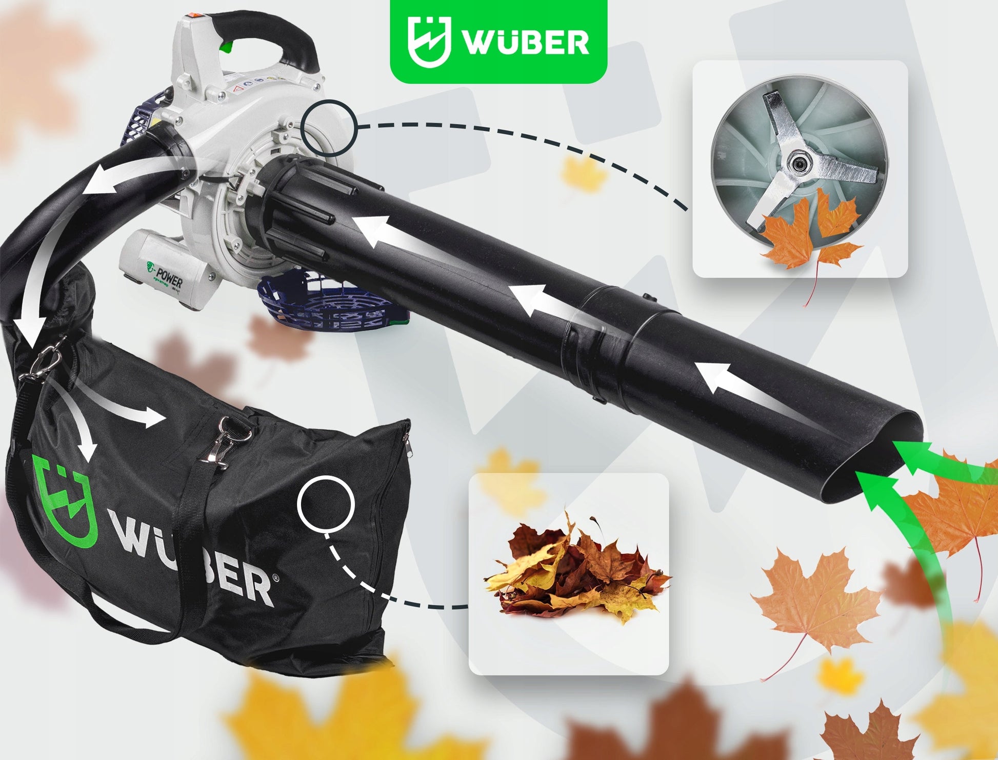 Benzininis lapų pūstuvas/trauktuvas WUBER 1600W su 50l krepšiu