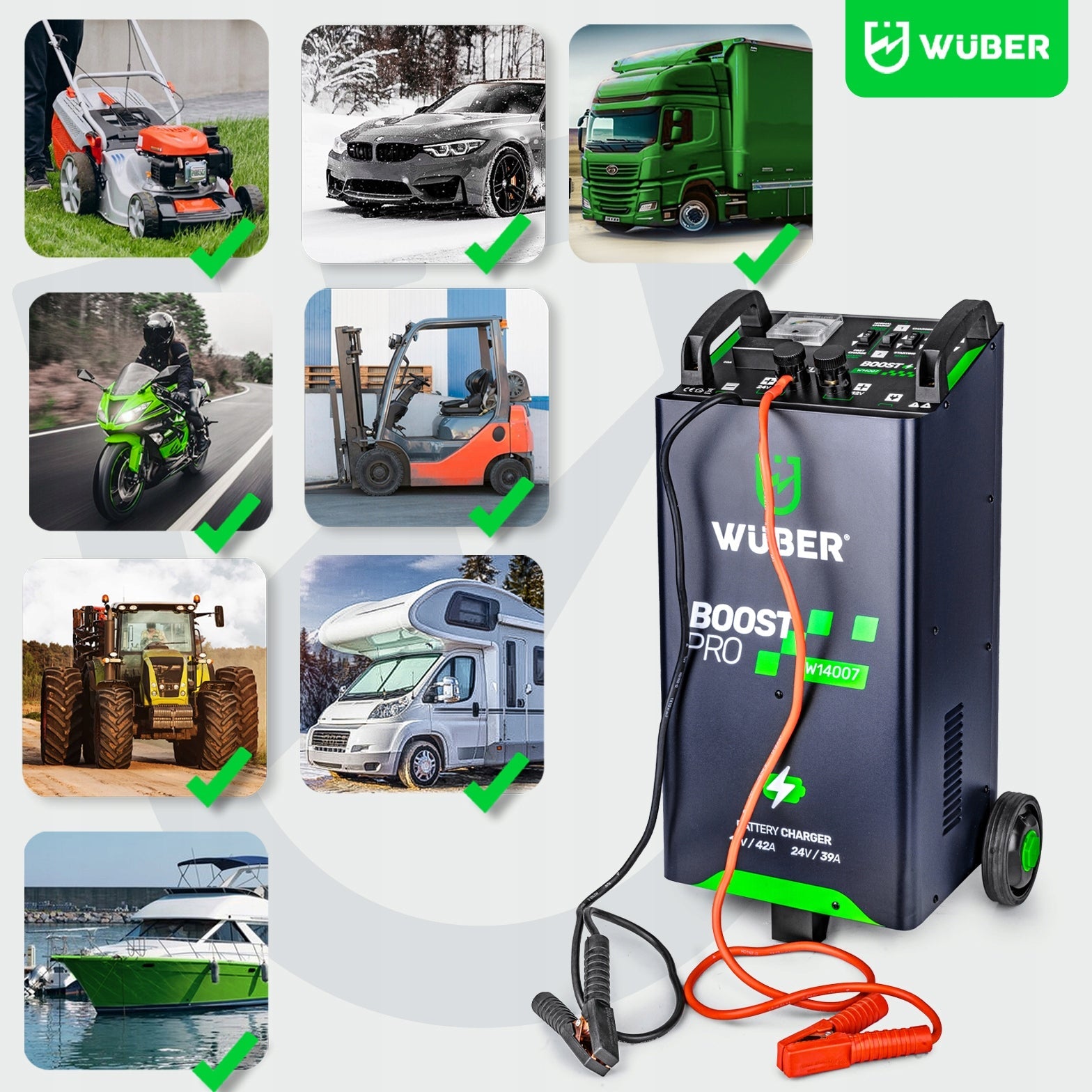Universalus 12v/24v akumuliatoriaus įkroviklis su starteriu (400a) Wuber 42a