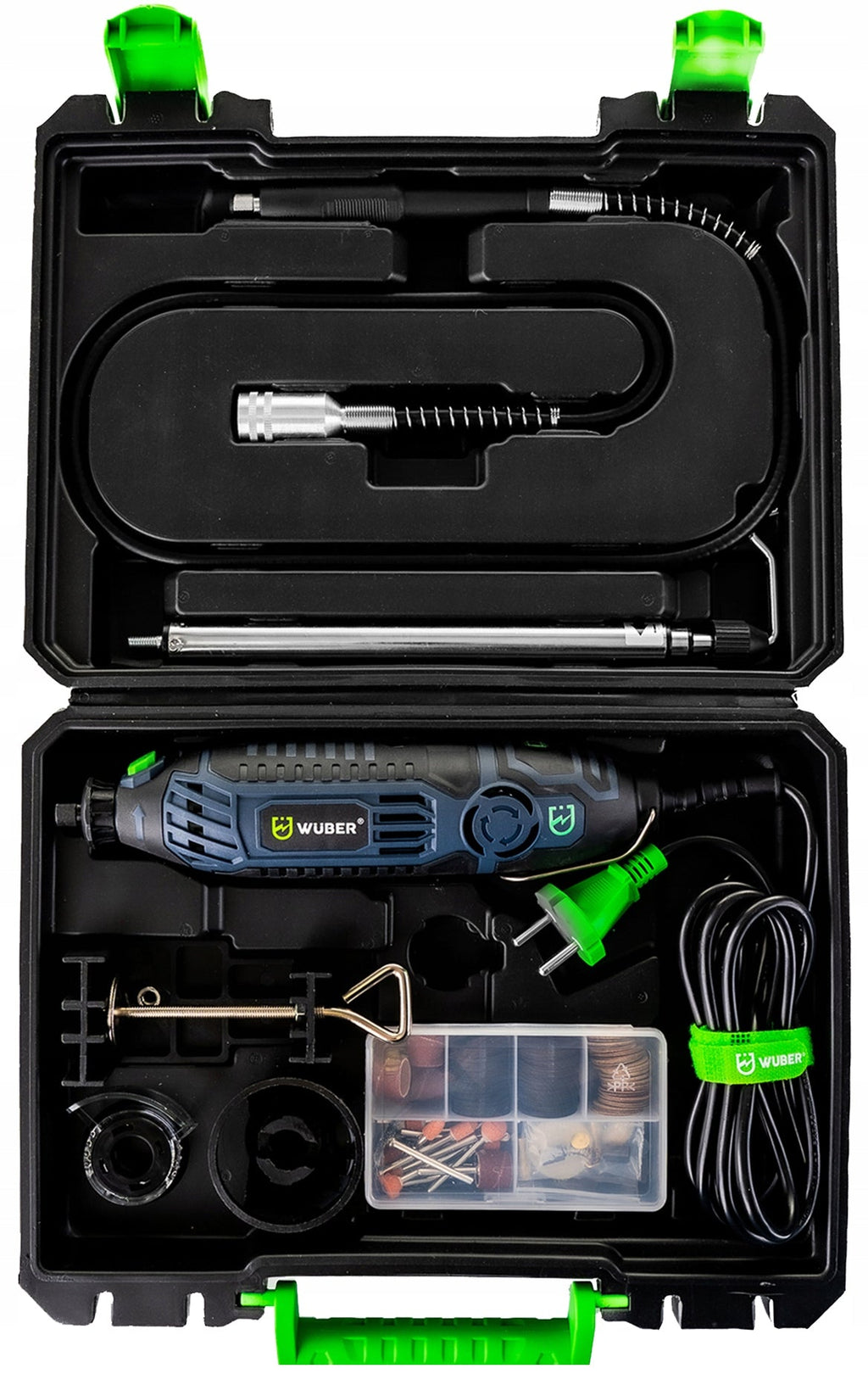 Mini universalus graviravimo–frezavimo–šlifavimo aparatas Wuber 200w su stovu ir priedais – XXL rinkinys
