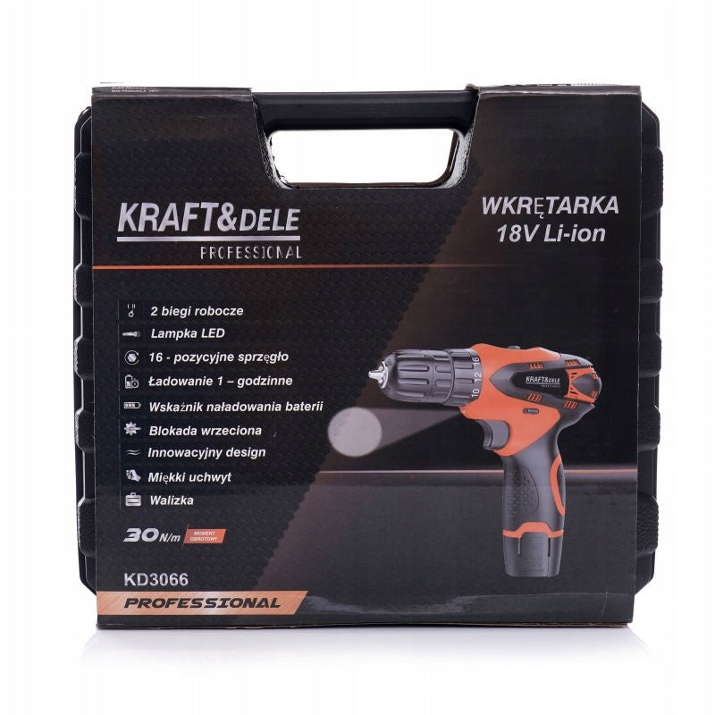 Akumuliatorinis gręžtuvas-suktuvas Kraft&Dele KD3066 – 18V, 1300mAh su lagaminu