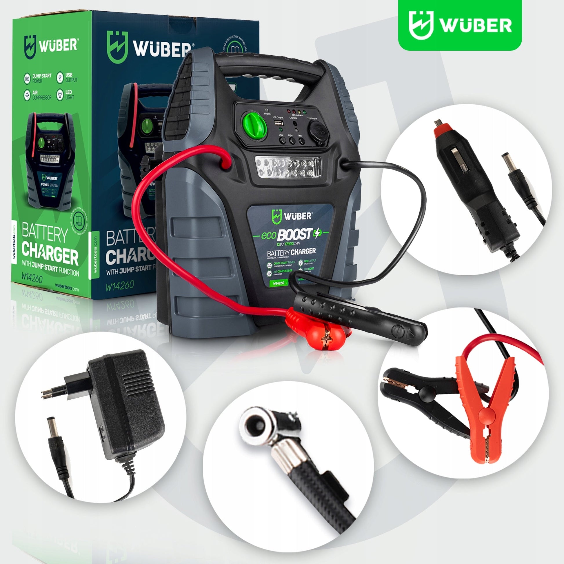 Starter, akumuliatoriaus įkroviklis, kompresorius, led apšvietimas, powerbank Wuber 5in1