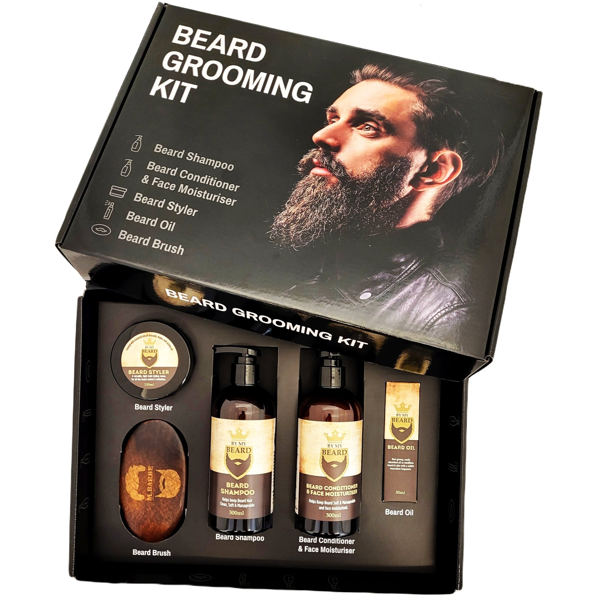 Barzdos priežiūros kosmetikos rinkinys su šepetėliu "By My Beard" –  dovana vyrui su dovanų dėžute