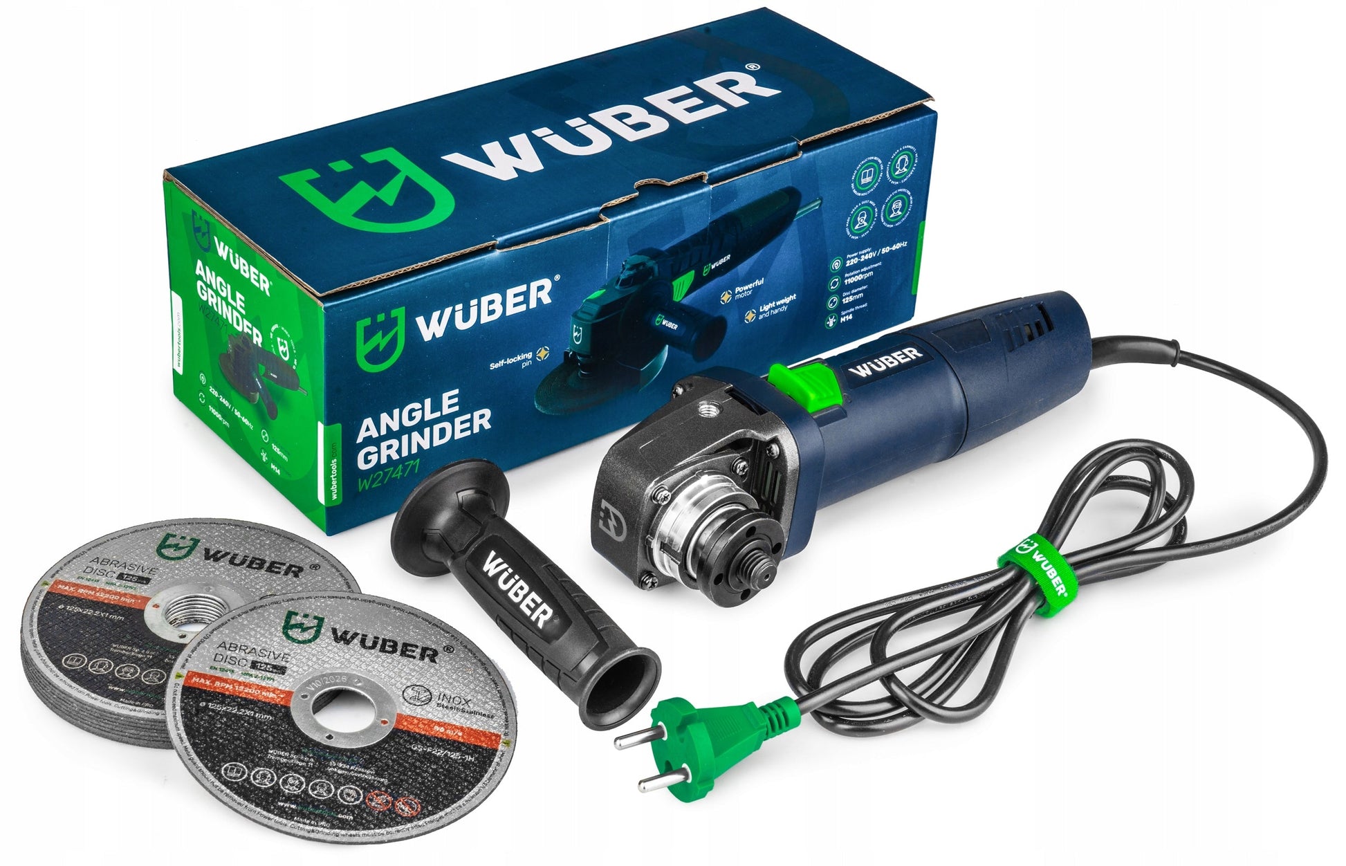 Kampinis šlifuoklis Wuber 125mm 1500w + 10 pjovimo diskų