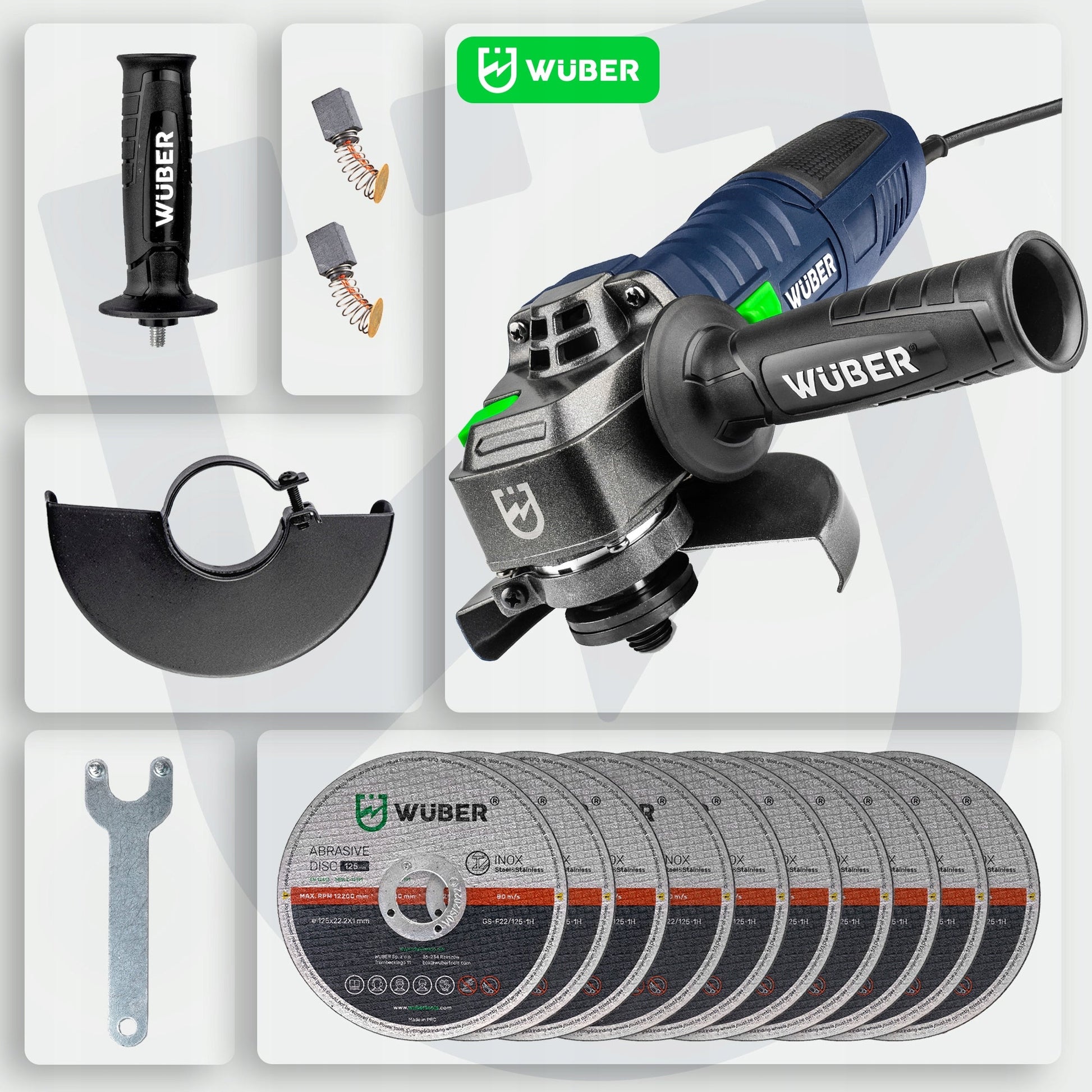 Kampinis šlifuoklis Wuber 125mm 1500w + 10 pjovimo diskų