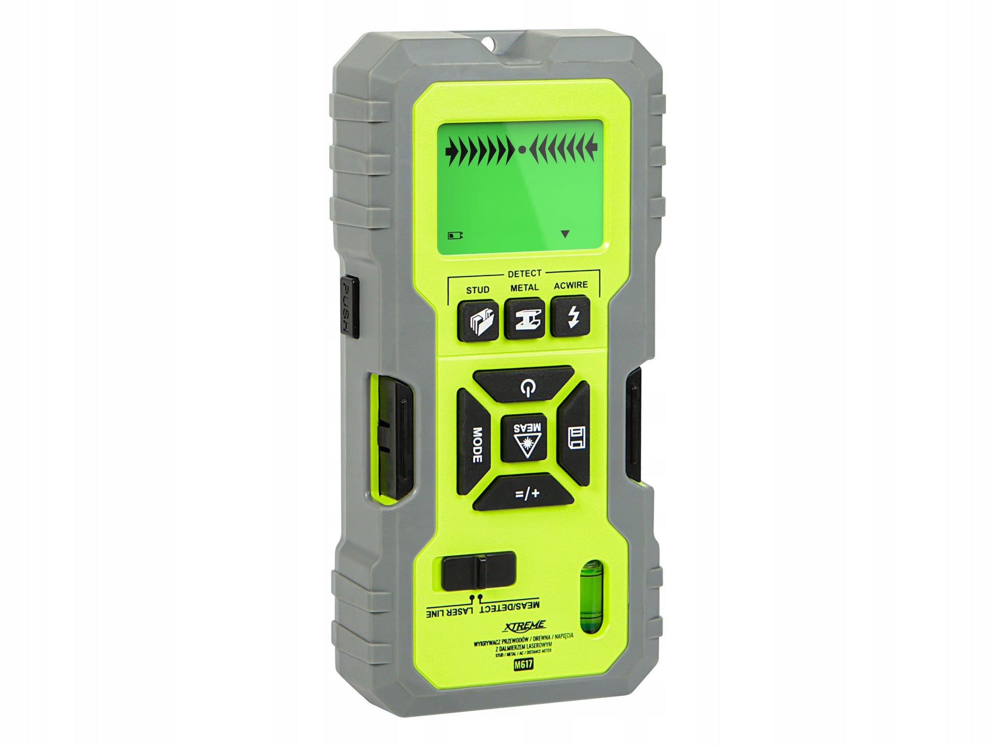 Detektorius 5in1 su medienos, metalo, įtampos laidų aptikimu ir lazeriniu atstumo matuokliu Xtreme M617